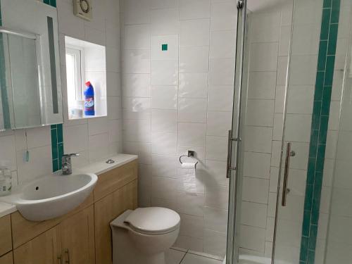 a bathroom with a toilet and a sink and a shower at Woodstock in London