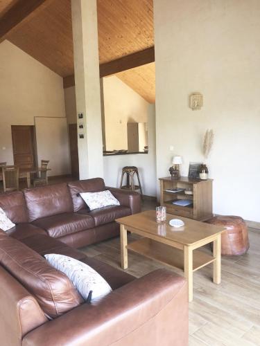 - un salon avec des canapés en cuir et une table dans l'établissement Villa familiale entre mer et montagne Corse, à Soccia