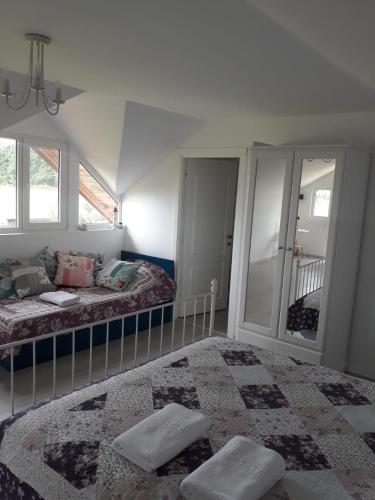 a bedroom with a bed and a mirror at Garden Pypa in Vânătorii Mici