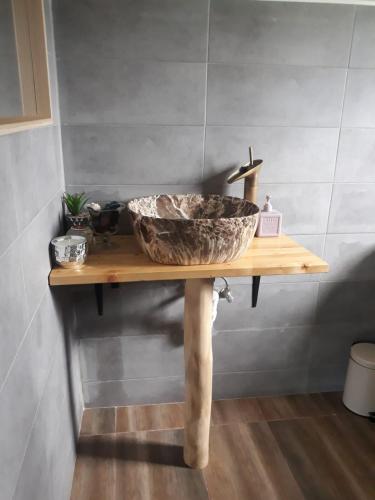 a stone sink on a table in a bathroom at Garden Pypa in Vânătorii Mici
