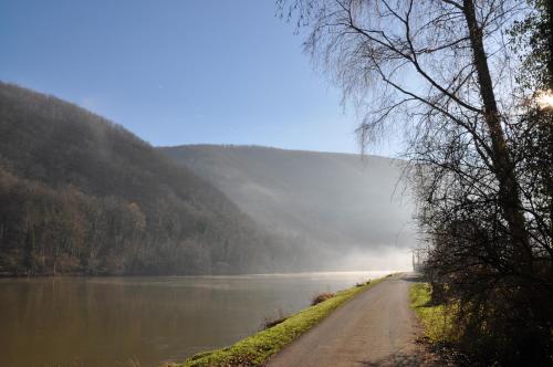 a road next to a body of water with trees at La Fumacienne in Fumay