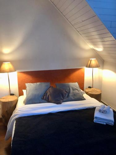 a bedroom with a large bed with two lamps at Maison d'hoursentut in Sainte-Marie-de-Campan