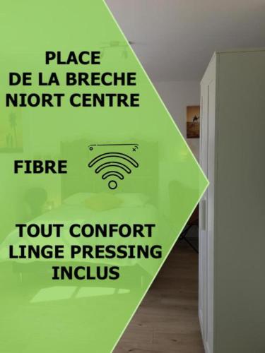 a sign on a stair in a room with a wifi sign at Le Sirocco centre la Brèche wifi linge de pressing in Niort