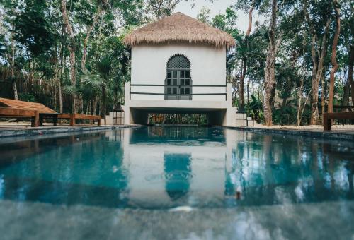 a swimming pool with a building in the background at Ambre & Epices Jungle Hotel & Spa in Tulum