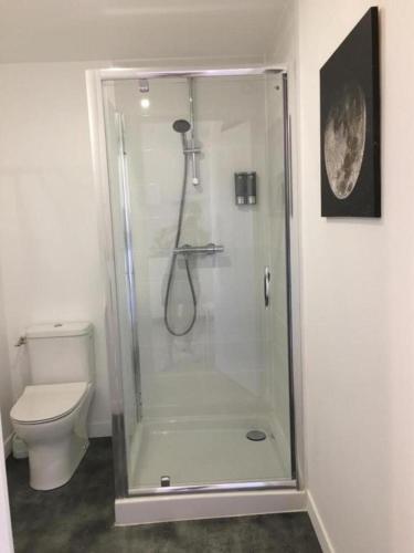 une cabine de douche dans une salle de bain avec toilettes dans l'établissement Le Galaxy centre la Brèche wifi calme vue jardin, à Niort