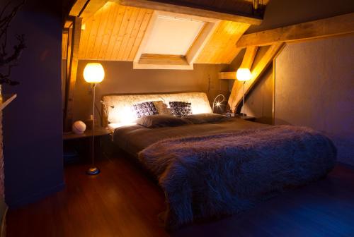 een slaapkamer met een bed met twee verlichting bij B&B Oase in Londerzeel