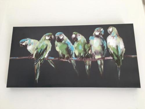 un grupo de aves verdes y azules sentadas en una rama en Le Bahia centre la Brèche wifi linge de pressing, en Niort