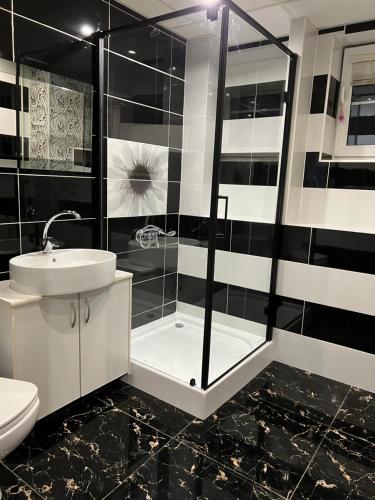 La salle de bains en noir et blanc est pourvue d'une douche et d'un lavabo. dans l'établissement Apartmány Sedlár, à Nová Lesná