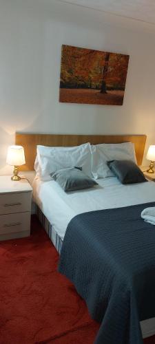 a bedroom with a large bed with two pillows at Comfortable 3 Bed House in Luton