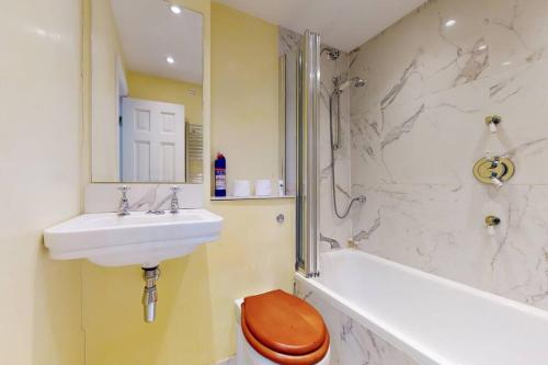 uma casa de banho com um lavatório, um WC e um chuveiro em Lovely 1 bedroom flat in Pimlico em Londres
