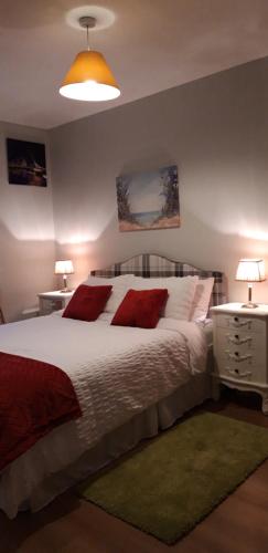 ein Schlafzimmer mit einem großen weißen Bett mit roten Kissen in der Unterkunft Ashling House B&B, Ardara on Wild Atlantic Way F94T6N7 in Ardara