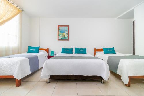 3 camas en una habitación con paredes blancas y almohadas azules en Ayenda 1080 Bogotá Alpes Castellana, en Bogotá