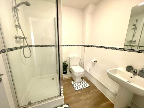 ein Bad mit einer Dusche, einem WC und einem Waschbecken in der Unterkunft Bright & Cosy One Bedroom Apartment - Perfect base in Bishop's Stortford in Bishops Stortford