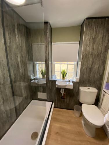 a bathroom with a toilet and a sink at Chapel Cottage Idylic Village Holiday Home in Box