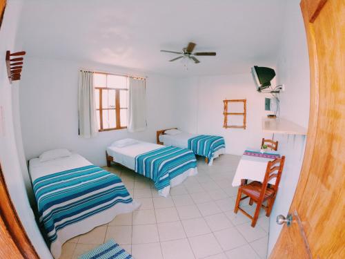 Zimmer mit 2 Betten und einem Tisch in der Unterkunft Los Faroles in Pacasmayo