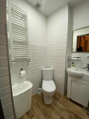 Un baño blanco con inodoro y lavabo. en Snow Forest Bakuriani Apartment 10, en Bakuriani