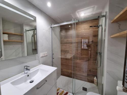 a bathroom with a sink and a glass shower at 102A Apartamento moderno 2 habitaciones in Gijón