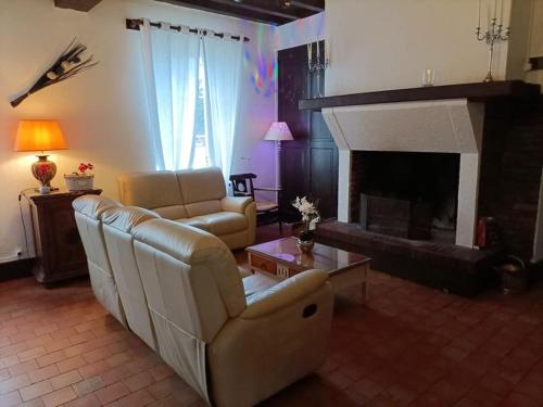 sala de estar con sofá y chimenea en Domaine de la dijonniere La berrichonne, en Clémont