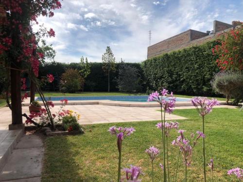 un jardín con flores púrpuras y una piscina en Posada “LA MARGARITA” en San Rafael