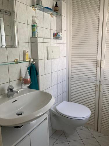 La salle de bains est pourvue de toilettes blanches et d'un lavabo. dans l'établissement Ferienhaus Mathilda Eins, à Schmiedefeld am Rennsteig
