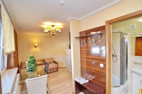 a bathroom with a shower and a living room at Chaban Aparthotel in Bukovel