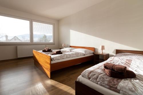 - une chambre avec 2 lits et une grande fenêtre dans l'établissement Ubytování Dolní Lipka 42, à Králíky