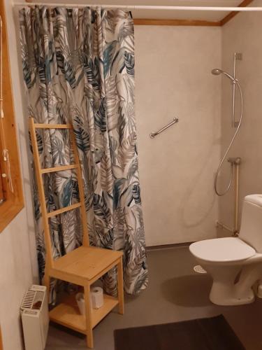 uma casa de banho com uma cortina de chuveiro e um WC em BnB Just To Be em Laholm