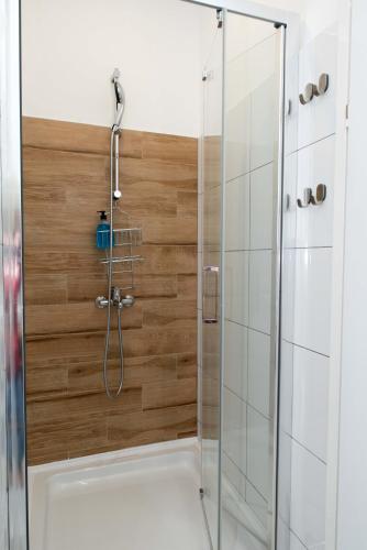 y baño con ducha y pared de madera. en Studio apartman Rossa, en Daruvar