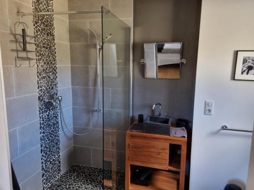 a bathroom with a glass shower with a sink at Pie des Ayrolis in Eyroles