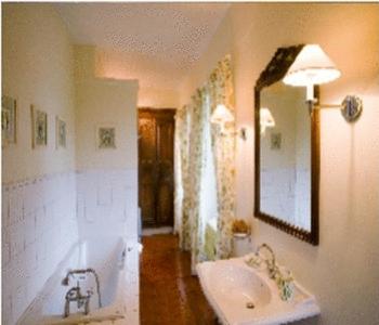 bagno con lavandino e specchio di Château de Sarceaux ad Alençon