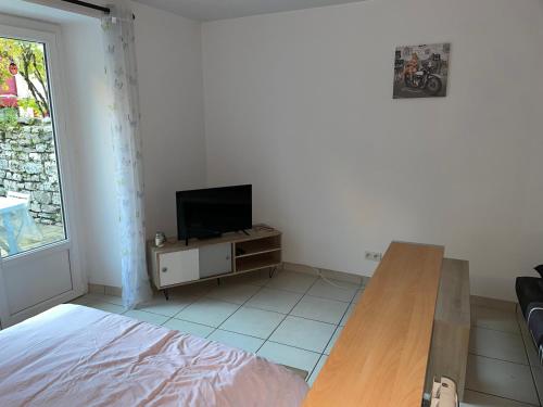 uma sala de estar com uma televisão, uma cama e uma mesa em Studio 4 couchages avec terrasse proximité du lac em Clairvaux-les-Lacs