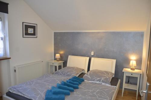 a bedroom with two beds with blue pillows at Ferienwohnung Wildgatter in Grafenwiesen