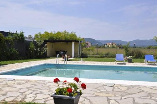 a swimming pool with red flowers in a pot with a fountain at Corfu Villa Ermioli with Pool in Giannádes