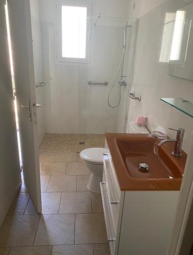 une salle de bain avec un lavabo, des toilettes et une douche dans l'établissement Résidence les chênes, à Borgo