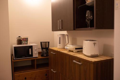 a kitchen with a counter with a microwave and a coffee maker at Alessia Apartment in the Old Town in Timişoara