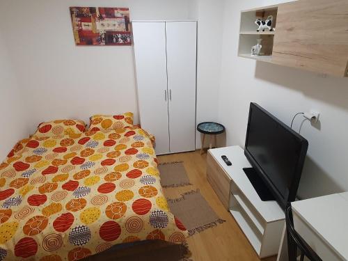 1 dormitorio con 1 cama y TV de pantalla plana en Garsonjera u centru Prnjavor en Prnjavor
