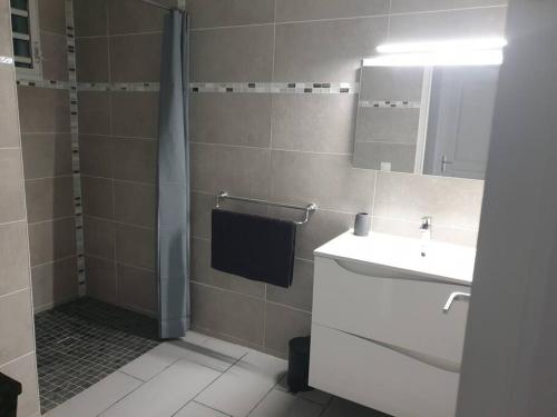uma casa de banho com um chuveiro, um lavatório e um espelho. em MARS ET VENUS LOCATION - piscine privée et chauffée em Sainte-Marie
