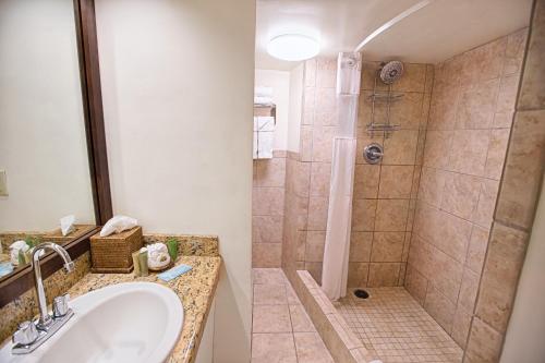 a bathroom with a shower and a sink at The Equus in Honolulu