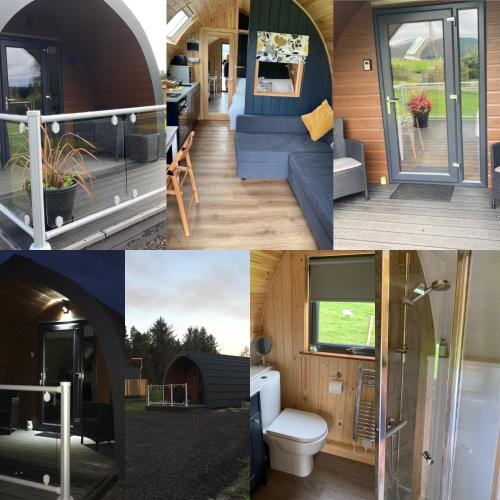 a collage of pictures of a tiny house at Owls Retreat Glamping Pod with Hot tub in Keith