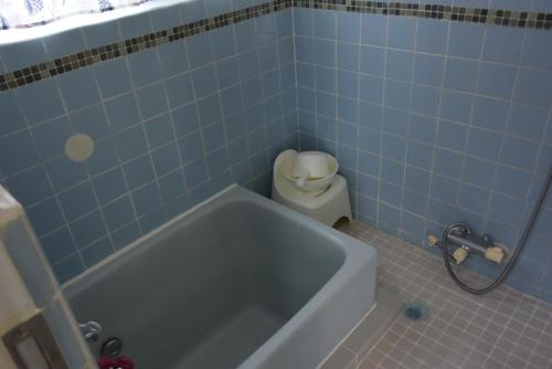 a blue bathroom with a tub and a toilet at EMS Enoshima クラシックゲストハウス 寝室は個室 犬OK in Fujisawa