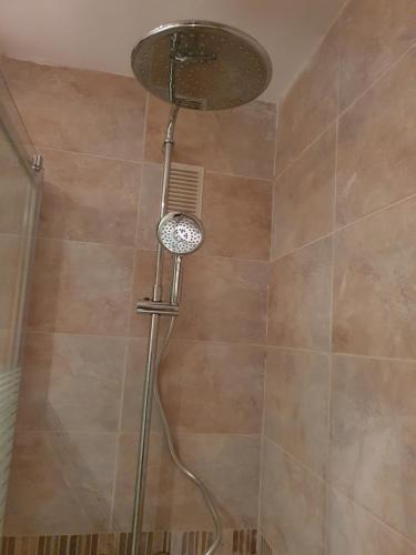 y baño con ducha con cabezal de ducha. en Costa Azahar Apartments Beach, en Oropesa del Mar