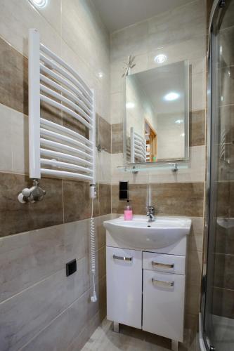 a bathroom with a sink and a shower and a mirror at Markowe Domki in Szczyrk