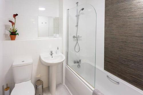 a bathroom with a toilet and a shower and a sink at Spacious 2 Bed Apartment Norwich, Close To Station and City centre in Norwich