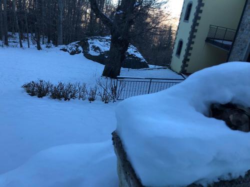 a yard covered in snow next to a tree at Villa Natale in Sestola