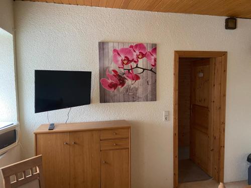 a room with a television and a painting of pink flowers at Zimmervermietung Graupner in Rossau