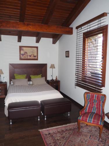 a bedroom with a large bed and a chair at Ca l’Andreu Suites in Alás