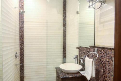 a bathroom with a sink and a mirror at Hotel Dreamland Chandigarh in Chandīgarh