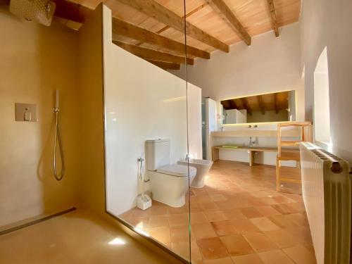 a bathroom with a glass shower and a toilet at Llucamar Villa in Sant Llorenç des Cardassar