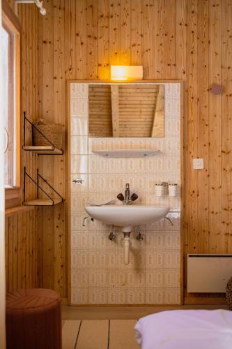 a bathroom with a sink on a wooden wall at Chalet La Chenevière in Nendaz