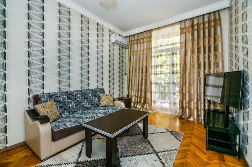 ein Wohnzimmer mit einem Sofa und einem TV in der Unterkunft Deluxe Apartment 39 in Baku